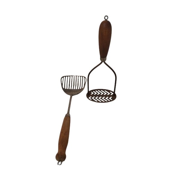 Vintage 40 - 50's - A & J - Potato Masher and Slotted Spoon- turned wood Handles - Picture 2 of 2